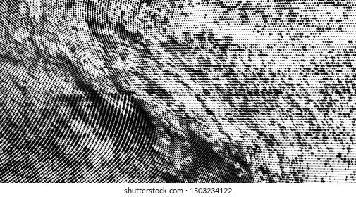 Abstract monochrome grunge halftone pattern. Soft dynamic lines. Half tone wide vector illustration with dots. Modern black and white polka dots wide background for web design, brochures, print