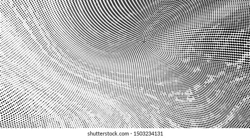 Abstract monochrome grunge halftone pattern. Soft dynamic lines. Half tone  panoramic vector illustration with dots. Modern black and white polka dots wide background for web design, leaflets, print