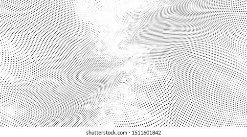 Abstract monochrome grunge halftone pattern. Soft dynamic lines. Half tone black and white vector illustration with dots. Modern black and white polka dots wide background for web design, print