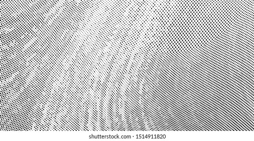 Abstract monochrome grunge halftone pattern. Soft dynamic lines. Half tone black and white wide vector illustration with dots. Modern black and white polka dots wide background for web design, print