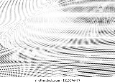 Abstract monochrome grunge halftone pattern. Soft dynamic lines. Half tone  black and white vector illustration with dots. Modern black and white polka dots wide background for web design, print