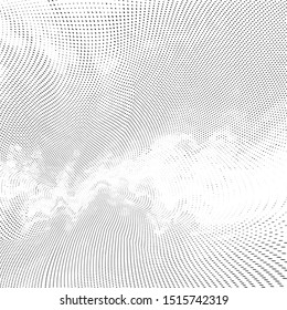 Abstract monochrome grunge halftone pattern. Soft dynamic lines. Half tone black and white vector illustration with dots. Modern black and white polka dots wide background for web design, print
