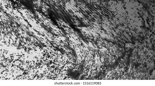Abstract monochrome grunge halftone pattern. Soft dynamic lines. Half tone black and white wide vector illustration with dots. Modern black and white polka dots wide background for web design, print