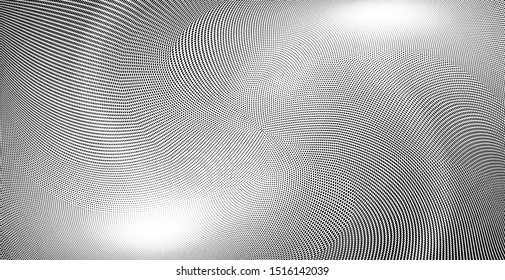 Abstract monochrome grunge halftone pattern. Soft dynamic lines. Half tone  black and white wide vector illustration with dots. Modern black and white polka dots wide background for web design, print
