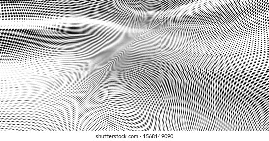 Abstract monochrome grunge halftone pattern. Soft dynamic lines. Half tone  vector illustration with dots. Modern black and white polka dots wide background for web design, brochures, leaflets, print