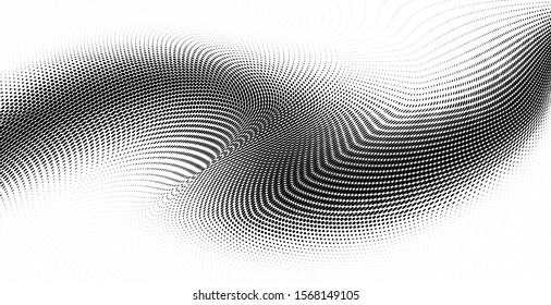 Padrão de meio-tom grunge monocromático abstrato. Linhas dinâmicas suaves. Ilustração de vetor de meio tom com pontos. Polka preto e branco moderno pontos fundo largo para web design, brochuras, folhetos, impressão