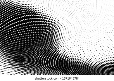 Abstract monochrome grunge halftone pattern. Soft dynamic lines. Half tone  vector illustration with dots. Modern black and white polka dots wide background for web design, brochures, leaflets, print
