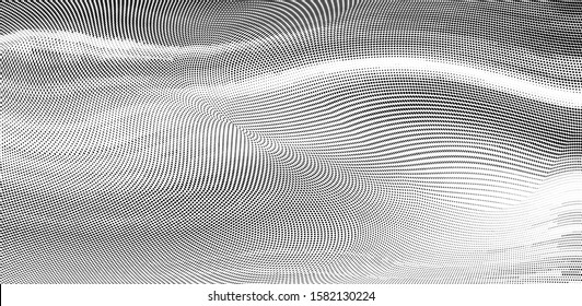Abstract monochrome grunge halftone pattern. Soft dynamic lines. Half tone  vector illustration with dots. Modern black and white polka dots wide background for web design, brochures, leaflets, print
