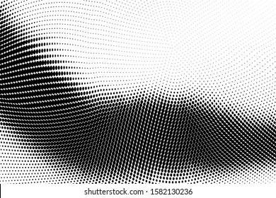 Abstract monochrome grunge halftone pattern. Soft dynamic lines. Half tone  vector illustration with dots. Modern black and white polka dots wide background for web design, brochures, leaflets, print