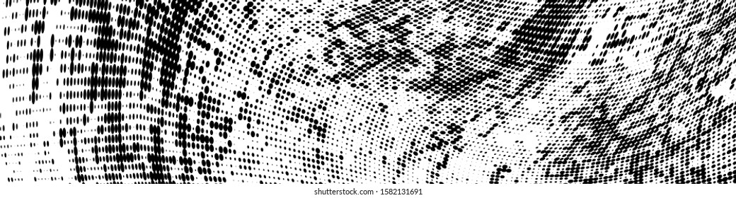 Abstract monochrome grunge halftone pattern. Soft dynamic lines. Half tone wide vector illustration with dots. Modern black and white polka dots wide background for web design, brochures, print