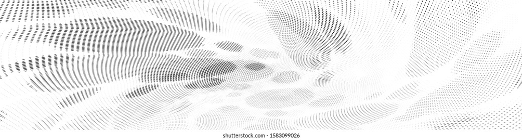 Abstract monochrome grunge halftone pattern. Soft dynamic lines. Half tone wide vector illustration with dots. Modern black and white polka dots wide background for web design, brochures, print