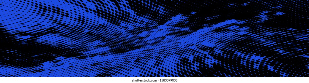 Abstract monochrome grunge halftone pattern. Soft dynamic lines. Half tone wide vector illustration with dots. Modern blue black polka dots wide background for web design, brochures, print