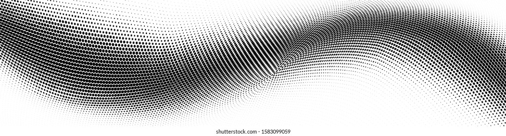 Abstract monochrome grunge halftone pattern. Soft dynamic lines. Half tone wide vector illustration with dots. Modern black and white polka dots wide background for web design, brochures, print
