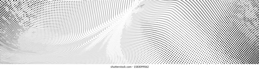 Abstract monochrome grunge halftone pattern. Soft dynamic lines. Half tone wide vector illustration with dots. Modern black and white polka dots wide background for web design, brochures, print