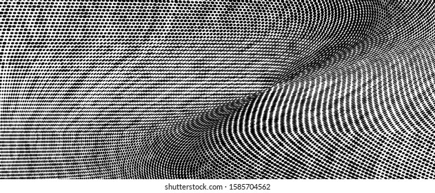 Abstract monochrome grunge halftone pattern. Soft dynamic lines. Half tone wide vector illustration with dots. Modern black and white polka dots wide background for web design, brochures, print