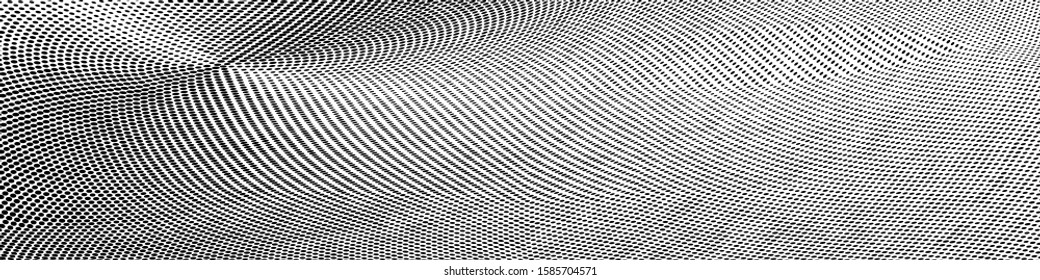 Abstract monochrome grunge halftone pattern. Soft dynamic lines. Half tone wide vector illustration with dots. Modern black and white polka dots wide background for web design, brochures, print