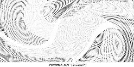 Abstract monochrome grunge halftone pattern. Soft dynamic lines. Half tone wide vector illustration with dots. Modern black and white polka dots wide background for web design, brochures, print