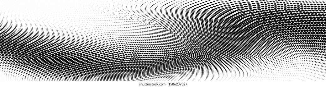 Abstract monochrome grunge halftone pattern. Soft dynamic lines. Half tone wide vector illustration with dots. Modern black and white polka dots wide background for web design, brochures, print