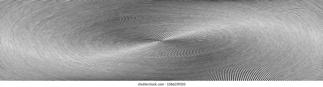 Abstract monochrome grunge halftone pattern. Soft dynamic lines. Half tone wide vector illustration with dots. Modern black and white polka dots wide background for web design, brochures, print