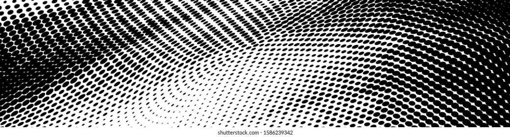 Abstract monochrome grunge halftone pattern. Soft dynamic lines. Half tone wide vector illustration with dots. Modern black and white polka dots wide background for web design, brochures, print