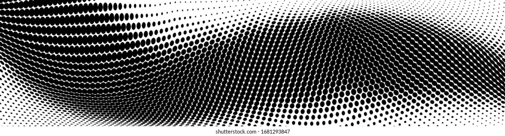 Patrón de medio tono de masa monocromo abstracto. Líneas dinámicas suaves. Ilustración vectorial panorámica de medio tono con puntos. El polka blanco y negro moderno tiene un fondo ancho para el diseño web, folletos, impresión