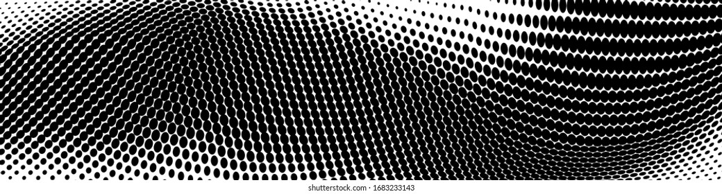 Abstract monochrome grunge halftone pattern. Soft dynamic lines. Half tone  panoramic vector illustration with dots. Modern polka dots wide background for web design, leaflets, print
