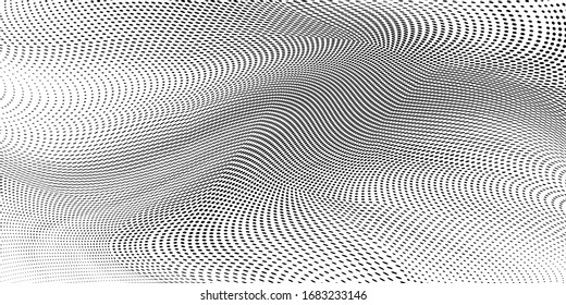 Abstract monochrome grunge halftone pattern. Soft dynamic lines. Half tone  panoramic vector illustration with dots. Modern polka dots wide background for web design, leaflets, print