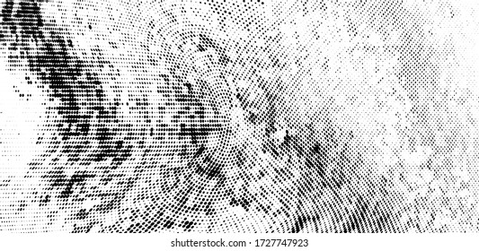 Abstract monochrome grunge halftone pattern. Curved lines. Half tone vector illustration with dots. Modern polka dot background for web design, leaflets, print