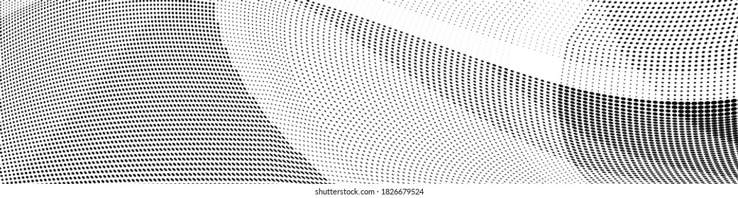 Abstract monochrome grunge halftone pattern. Curved lines. Half tone panoramic vector illustration with dots. Modern polka dot background for web design, leaflets, print