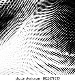 Abstract monochrome grunge halftone pattern. Curved lines. Half tone vector illustration with dots. Modern polka dot background for web design, leaflets, print