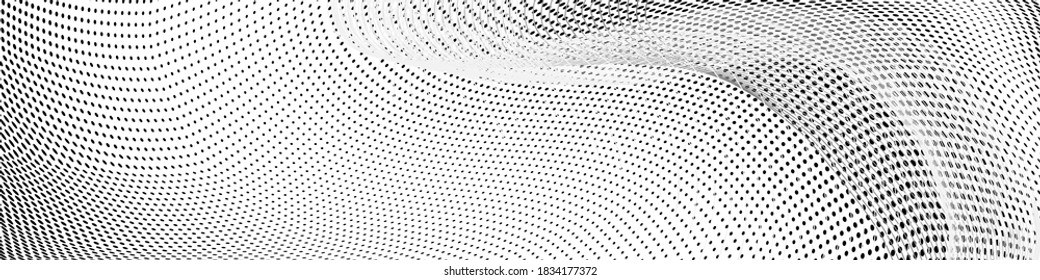 Abstract monochrome grunge halftone pattern. Curved lines. Half tone panoramic vector illustration with dots. Modern polka dot background for web design, leaflets, print