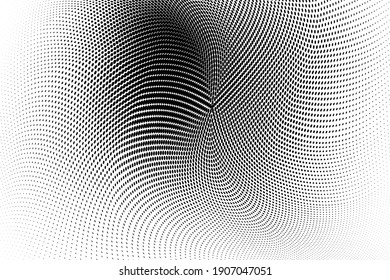 Abstract monochrome grunge halftone pattern. Soft dynamic lines. Half tone  vector illustration with dots. Modern black and white polka dots wide background for web design, brochures, leaflets, print