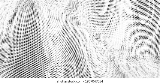 Abstract monochrome grunge halftone pattern. Soft dynamic lines. Half tone  vector illustration with dots. Modern black and white polka dots wide background for web design, brochures, leaflets, print