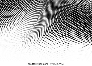 Resumen del patrón de medio tono monocromo. Líneas dinámicas suaves. Ilustración vectorial de medio tono con puntos. El polka blanco y negro moderno es un fondo amplio para el diseño web, folletos, folletos, impresión
