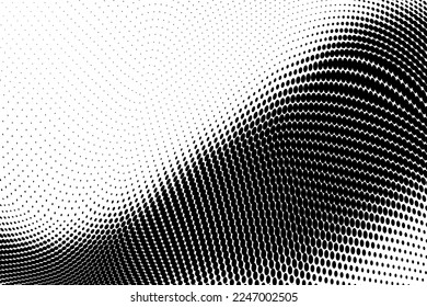 Abstract monochrome grunge halftone pattern. Soft dynamic lines. Half tone  vector illustration with dots. Modern black and white polka dots wide background for web design, brochures, leaflets, print