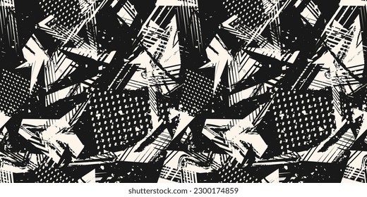 Abstract monochrome grunge seamless pattern. Urban art texture with paint splashes, chaotic shapes, lines, dots, patches. Sport graffiti style vector background. Black and white repeat sporty design