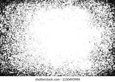 Abstract monochrome grungy halftone pattern.  Vector illustration with dots. Grunge frame. Modern urban distress background