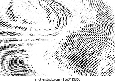 Abstract monochrome grungy radial halftone pattern.  Vector illustration with dots. Grunge frame. Modern urban distress background