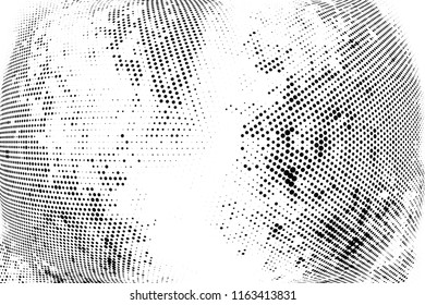Abstract monochrome grungy radial halftone pattern.  Vector illustration with dots. Grunge frame. Modern urban distress background