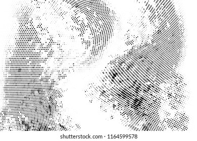 Abstract monochrome grungy radial halftone pattern.  Vector illustration with dots. Grunge frame. Modern urban distress background