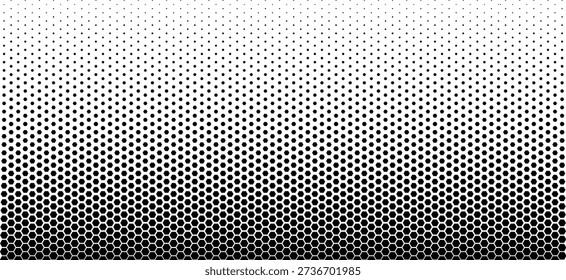Abstract monochrome halftone background featuring a vertical gradient transition of black hexagonal honeycomb shapes decreasing in size towards a white top section