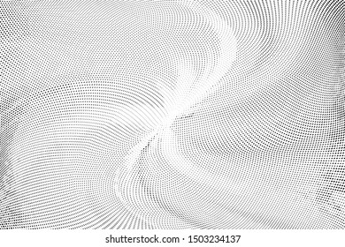 Abstract monochrome halftone fractal pattern. Soft dynamic lines. Half tone  geometric vector illustration with dots. Modern black and white polka dots background for web design, print