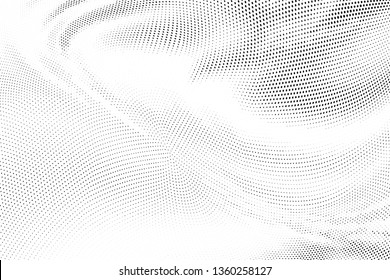 Abstract monochrome halftone geometric pattern. Soft curves. Stains and splashes. Vector illustration with dots. Modern polka dotten background