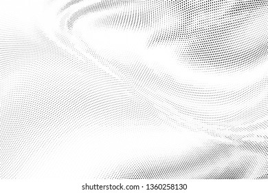 Abstract monochrome halftone geometric pattern. Soft curves. Stains and splashes. Vector illustration with dots. Modern polka dotten background
