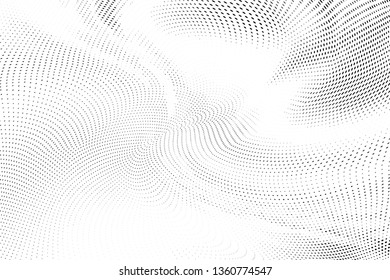 Abstract monochrome halftone geometric pattern. Soft curves. Stains and splashes. Vector illustration with dots. Modern polka dotten background for web banners, covers, greeting cards