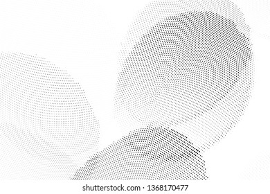 Abstract monochrome halftone geometric pattern. Soft curves. Stains and splashes. Vector illustration with dots. Modern polka dotten background for web banners, covers, greeting cards