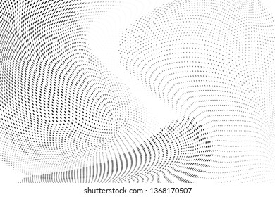 Abstract monochrome halftone geometric pattern. Soft curves. Stains and splashes. Vector illustration with dots. Modern polka dotten background for web banners, covers, greeting cards