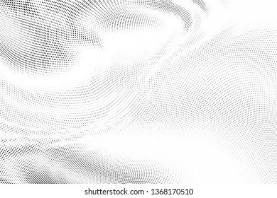 Abstract monochrome halftone geometric pattern. Soft curves. Stains and splashes. Vector illustration with dots. Modern polka dotten background for web banners, covers, greeting cards