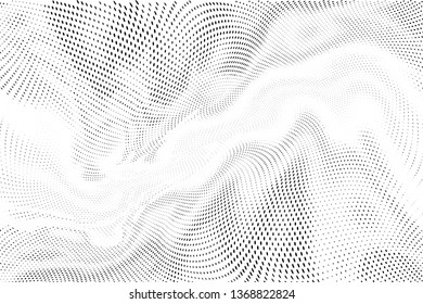 Abstract monochrome halftone geometric pattern. Soft curves. Stains and splashes. Vector illustration with dots. Modern polka dotten background for web banners, covers, greeting cards