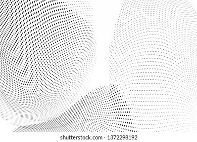 Abstract monochrome halftone geometric pattern. Soft curves. Stains and splashes. Vector illustration with dots. Modern polka dotten background for web banners, covers, greeting cards